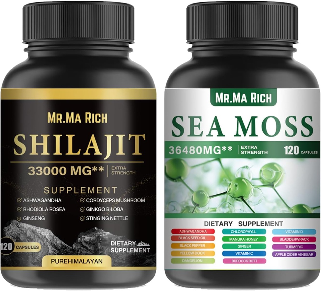 Sea Moss e Shilajit Capsule Bundle, Ashwagandha Rhodiola Rosea Ginseng Cordyceps Mushroom Ginkgo Biloba Sting Nettle Magic Moss Blendim Black Seed Turmeric Bladderwrack Burdock Black Pepper