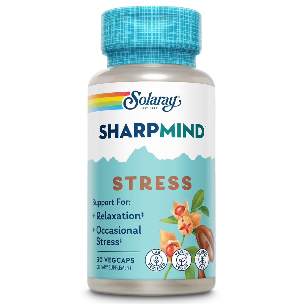 SOLARAY SharpMind Stress, Nootropic Mood Support Supplément pour la relaxation et le soutien occasionnel de stress, Adaptogène avec Ashwagandha, L Theanine, 60 jours garantie d'argent, 30 Serv 30 VegCaps