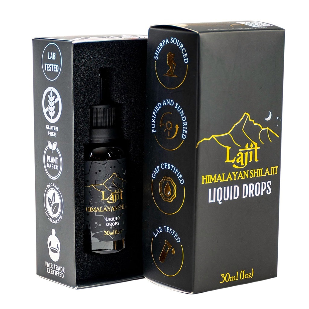 Lajit Gold Grade Himalayan Shilajit gouttes liquides – organiques, séchés au soleil – nutriments biodisponibles - acide fulvic, 85+ minéraux traces – laboratoire testé pour les hommes et les femmes – énergie naturelle, immunité, force– 30ml