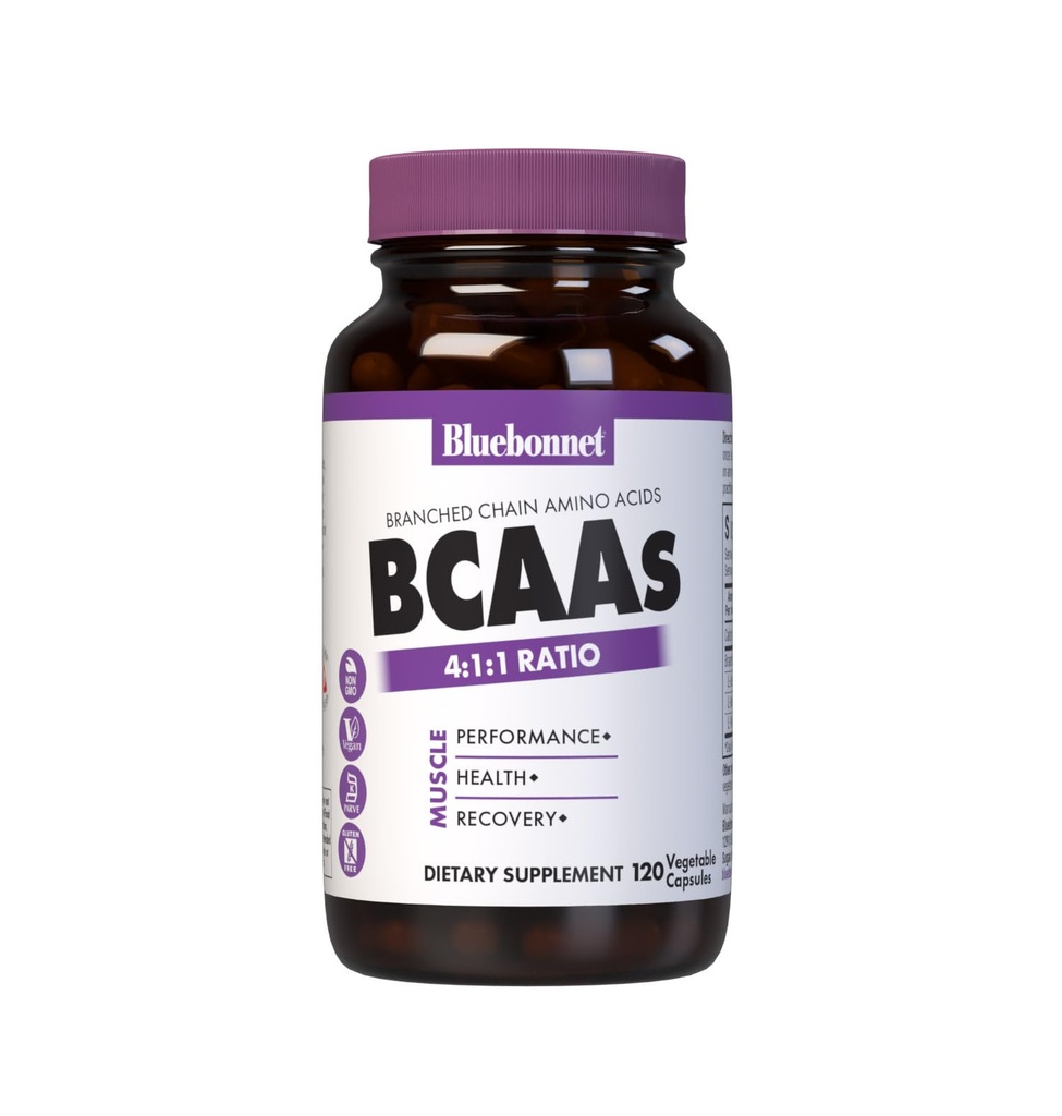 Bluebonnet Nutrition BCAAs 4:1:1 Ratio, Muskelleistung*, Muskelgesundheit*, Muskelreparatur*, Non-GMO, Vegan, Kosher Certified, Glutenfrei, Sojafrei, Dairy-Free, 120 Gemüsekapseln, 30 Portionen
