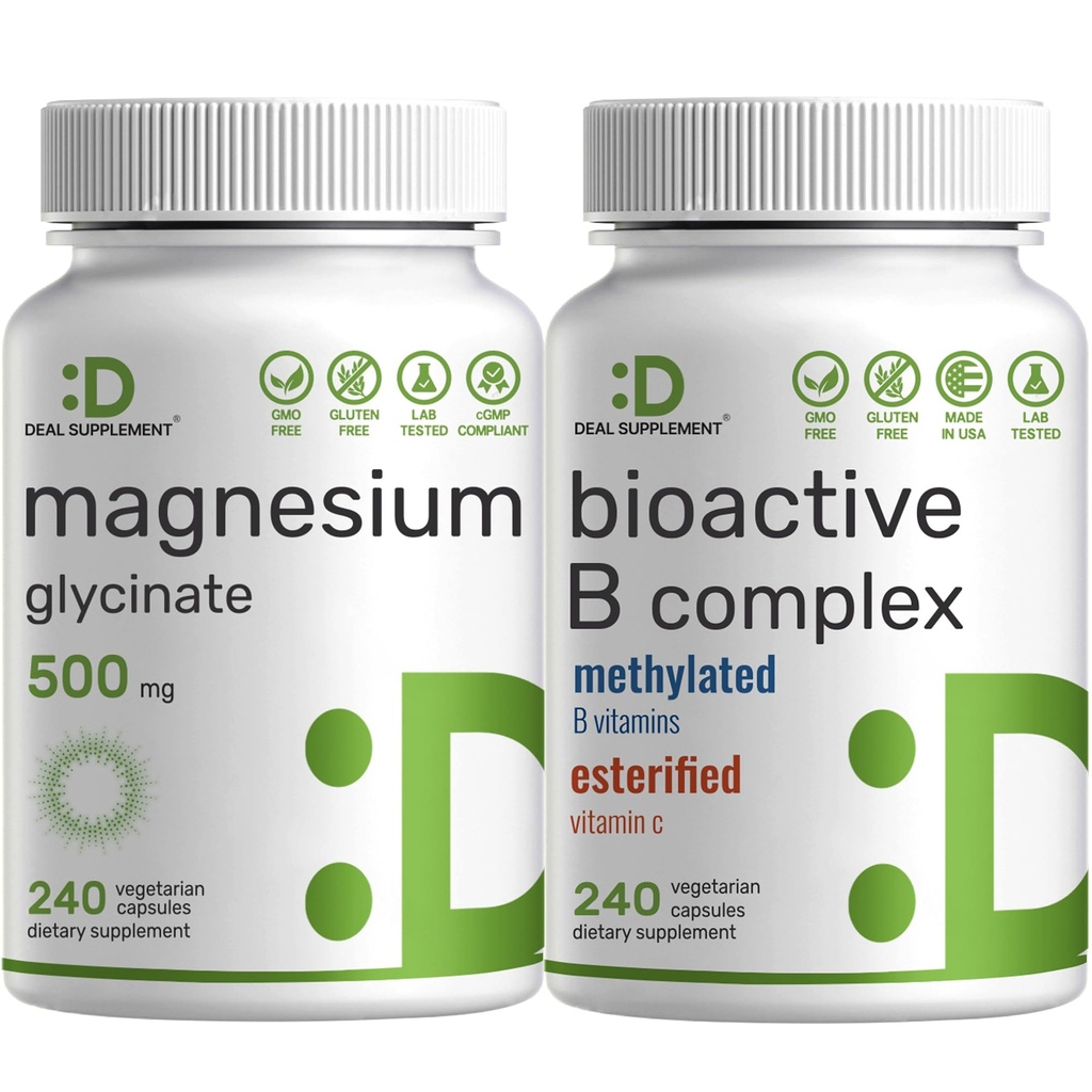 Magnesium Glycinate 500mg Veggie Kapseln & Bioactive Vitamin B Complex Bundle Pack – Einfach absorbiert Chelat Mineral – Immun-, Energie- und Stoffwechselergänzung