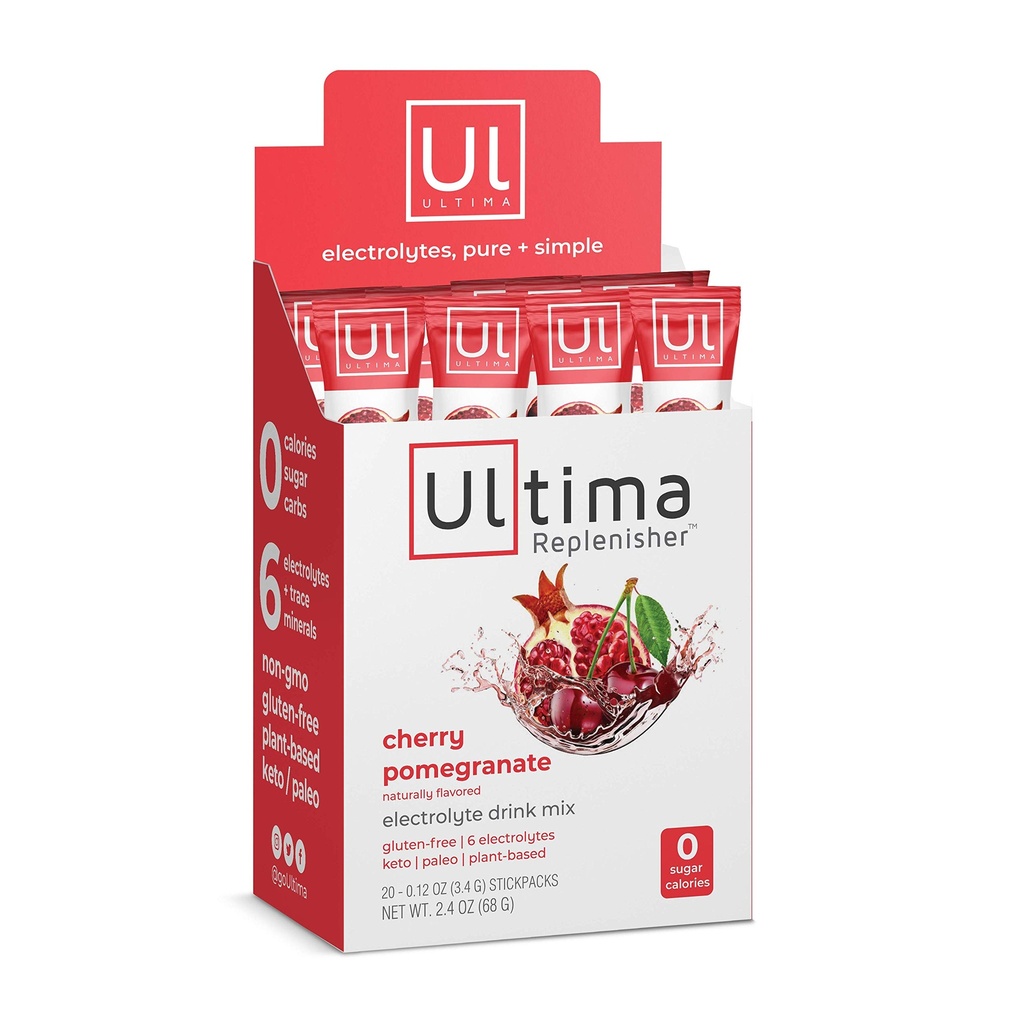 Ultima Replenisher Electrolyte Hydration Drink Mix, Cherry Pomegranate, 20 Serving Stickpack Box, no Sugar, no Carbs, no Calories, Keto, senza glutine, Non OGM, Vegan