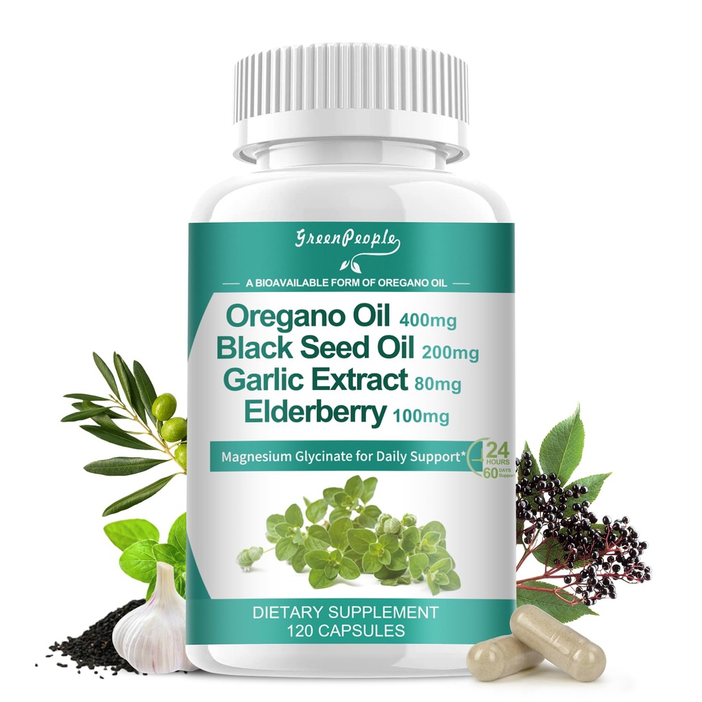 Bio Oregano Öl Kapseln – 11-in-1 Blend mit schwarzem Seedöl, Elderberry, Knoblauch, Olive Leaf– Magnesium & Black Pfeffer für Absorption – Immun, Respiratory & Digestive – Vegan, Non-GMO, 120 Ct