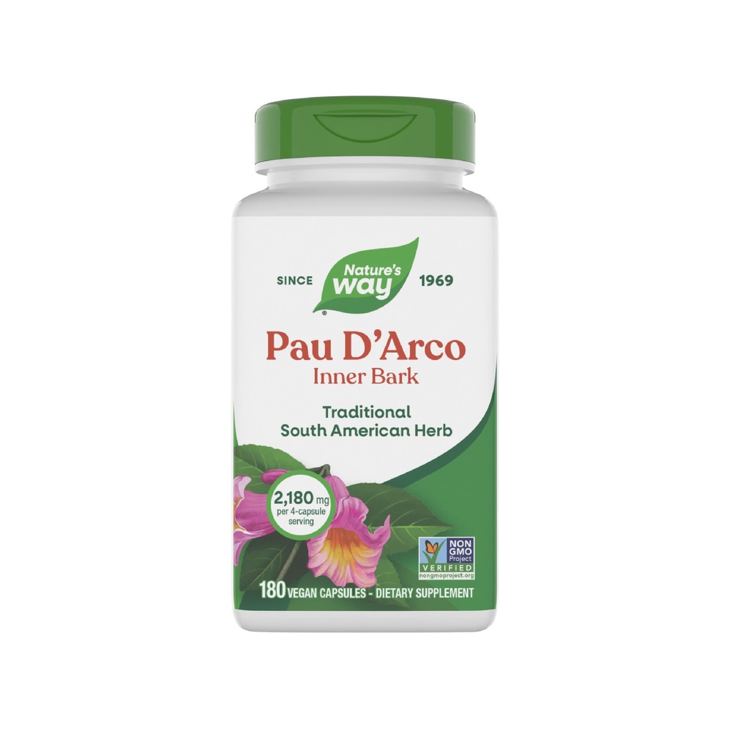 Nature's Way Pau d'Arco Inner Bark, Herbe traditionnelle sud-américaine, 2 180 mg par portion de 4 capsules, projet non-OGM vérifié, 180 capsules (paquetage May Vary)
