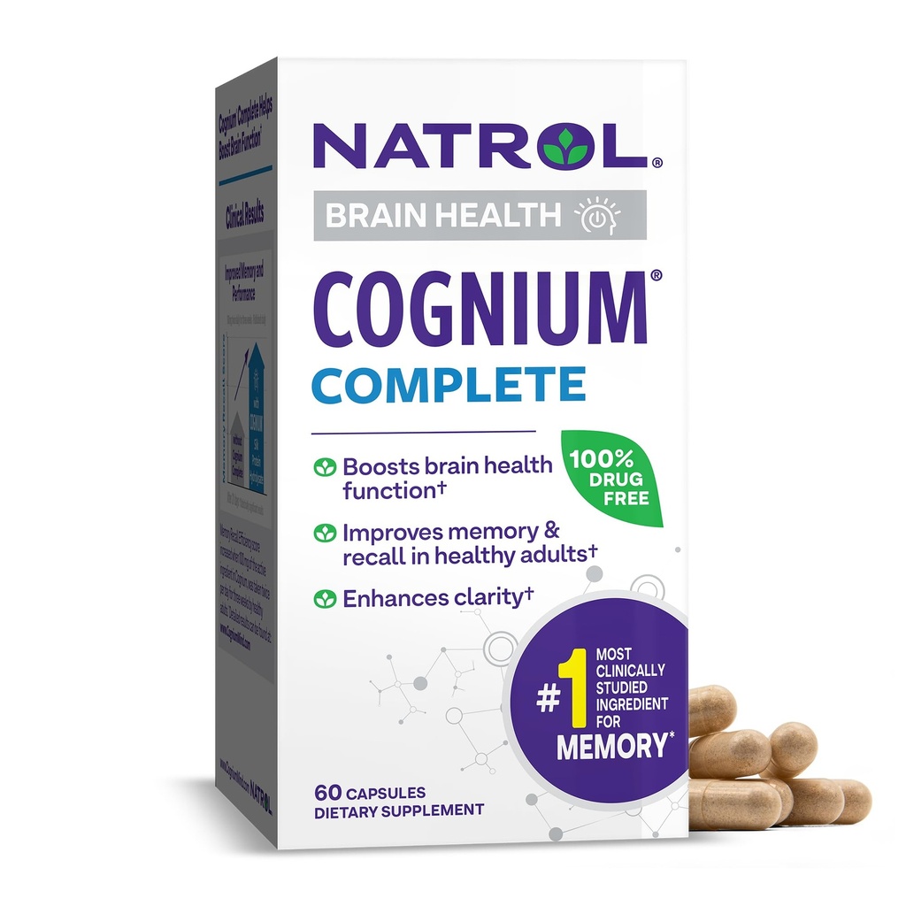 Natrol Cognium Complet, Supplément diététique pour la santé du cerveau, Suppléments pour la santé du cerveau pour adultes, 60 capsules, 30 jours d'approvisionnement