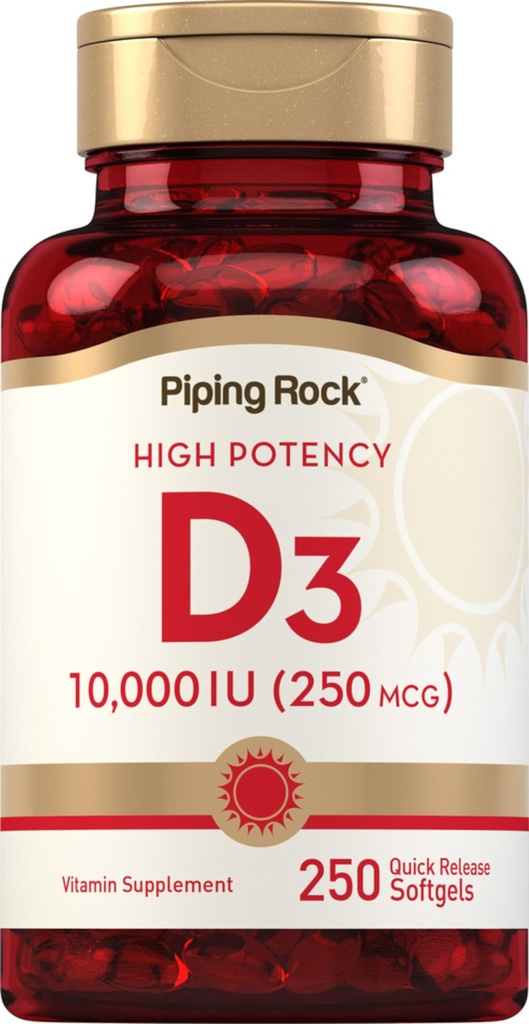 Piping Rock Vitamin D3 10000 IU | 250 mcg | 250 Softgels | High Potency | Non-GMO & Gluten Free Supplement