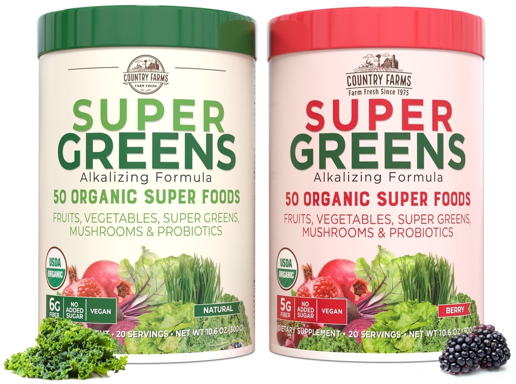 Country Farms Super Greens Power Pack, 50 Bio Super Foods, Greens Powder mit Probiotics für Gut Health & Bloating Relief, unterstützt Energie, Unflavored & Berry, 40 Servieren