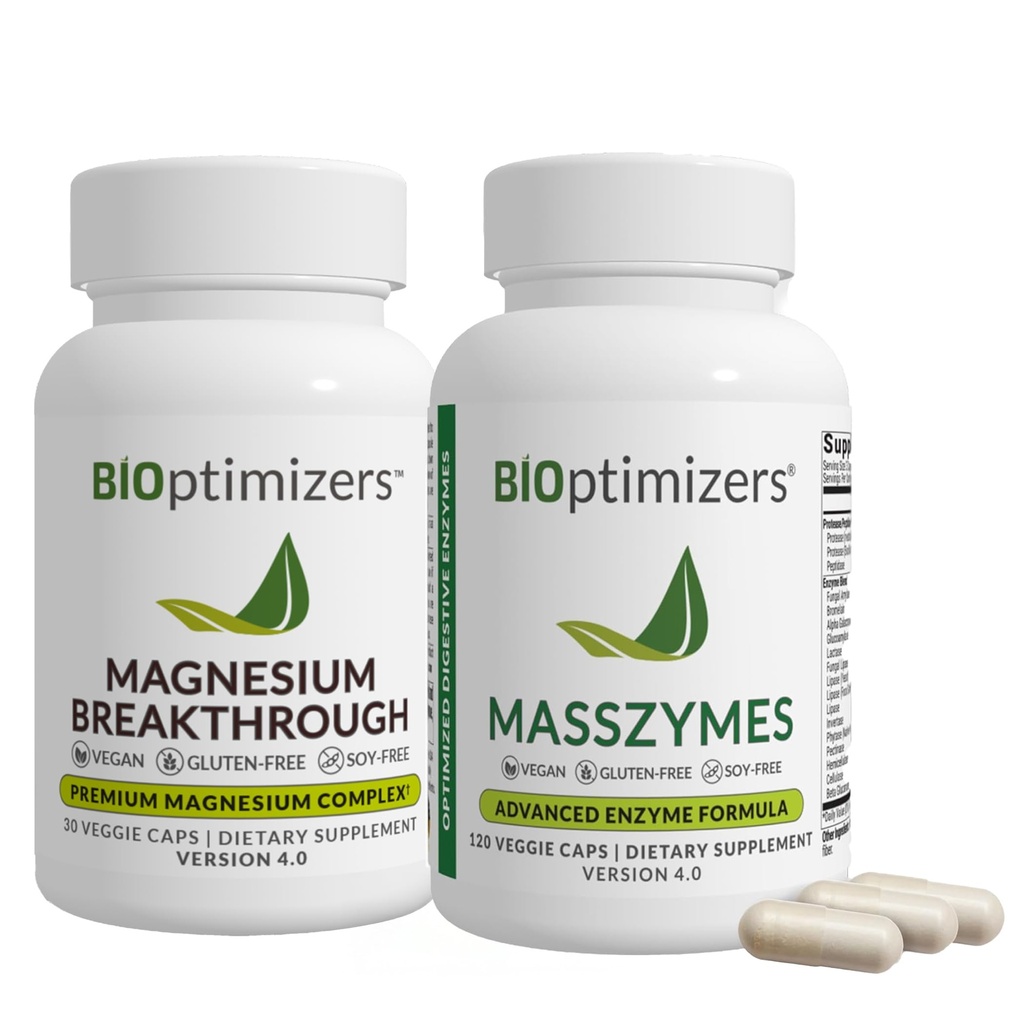 BiOptimizers Magnesium Breakthrough 4.0, (30 Kapseln) & MassZymes 4.0, (120 Kapseln) - Natural Sleep, Brain und Digestive Health Support Supplement Bundle