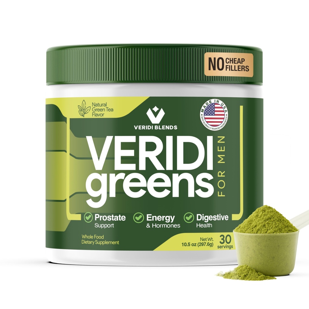 Veridi Greens per gli uomini 40+ | Polvere giornaliera di Superfood Greens per la salute della prostata, l'ormone e il supporto energetico | Premium USA Blend con Spirulina, Saw Palmetto, Zinc & Enzymes