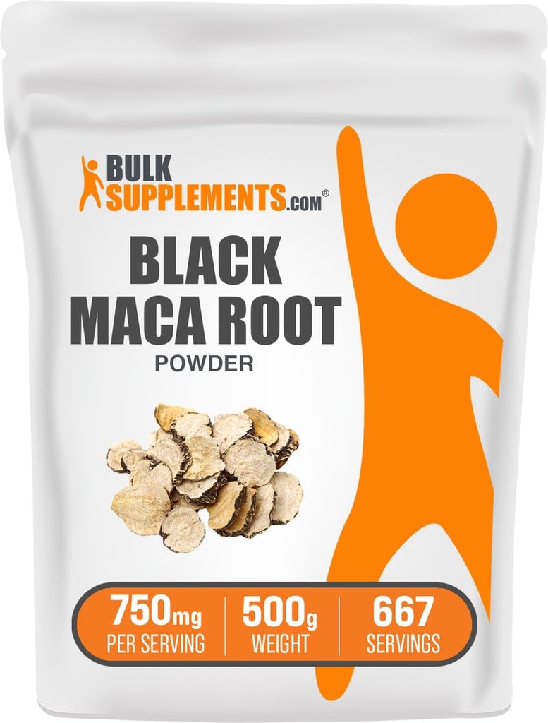 BulkSupplements.com Polvere di maca nera - Supplemento di radice di maca nera, supplemento di erbe per gli uomini e le donne - Vegan, senza glutine, 750mg per porzione, 500g (1.1 lbs) (pacchetto di 1)
