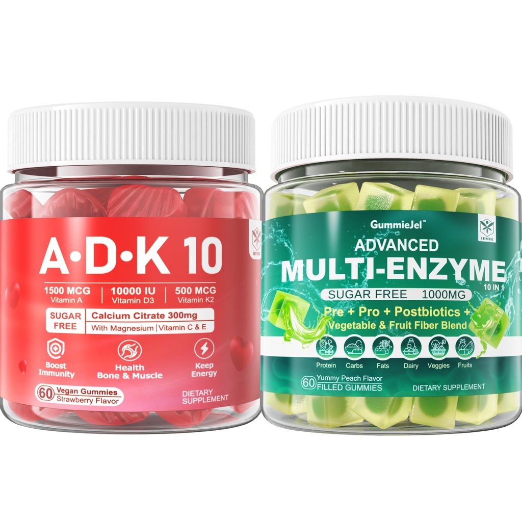 Enzymes digestifs Gummies 1000mg Nourriture à croquer rapidement, 90 milliards d'UFC, probiotique, postbiotique, prébiotique et mélange de fibres et vitamine ADK Gummies + supplément de zinc de magnésium de calcium