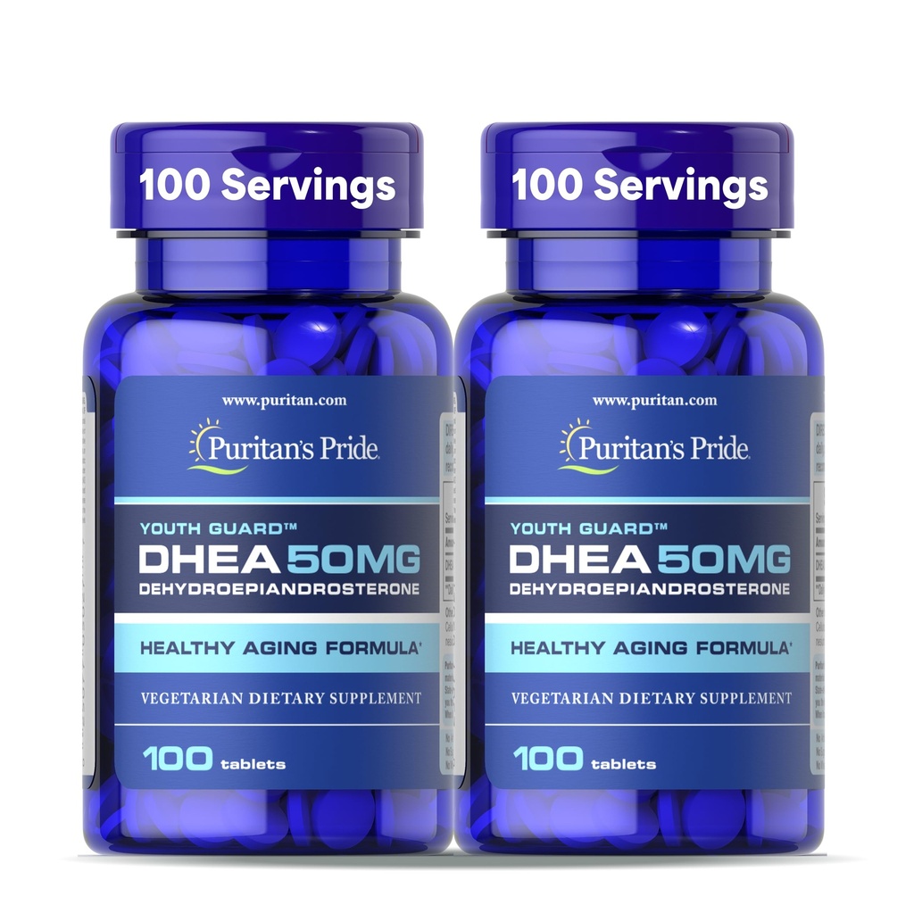 Puritan's Pride Youth Guard DHEA für Frauen und Männer 50mg, Nahrungsergänzungsmittel für gesundes Altern, 3 Monate Versorgung, 100 Tabletten, 2 Pack