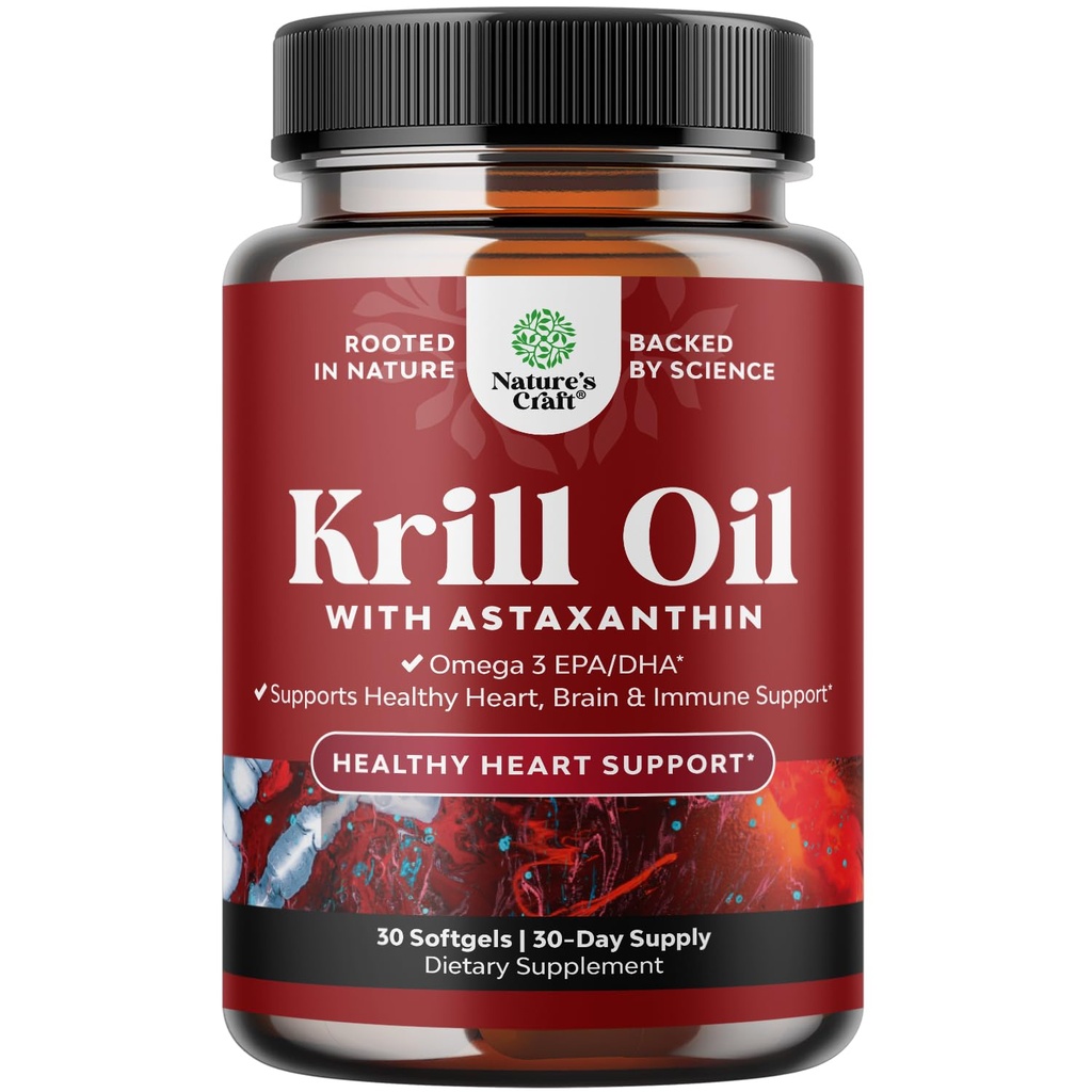 Krill Omega 3 Huile de poisson Softgels - Concentré Krill EPA & DHA Huile de poisson Omega 3 Supplément pour les femmes et les hommes pour le soutien immunitaire, santé du cerveau et du coeur - Supplément Acides gras sans Burpless - 30 Compte