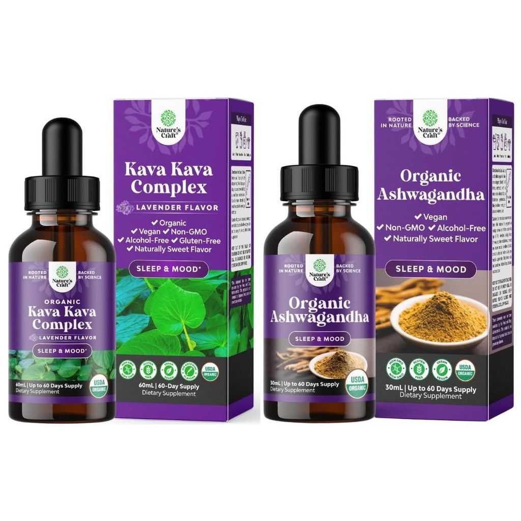 Bundle di Potent Liquid Kava Kava Gocce Supplemento con Kavalactones per il sonno migliore e USDA Organic Ashwagandha Liquid Drops - Ashwagandha Root Extract for Stress e Mood Support for Adults