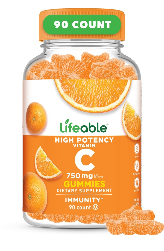 Lebensfähige Vitamin C Gummis für Erwachsene | 750mg | Große Verkostung Orange Flavor VIT C | Vegan Non GMO Vitamin C Chewable | für Immununterstützung | 90 Gummis