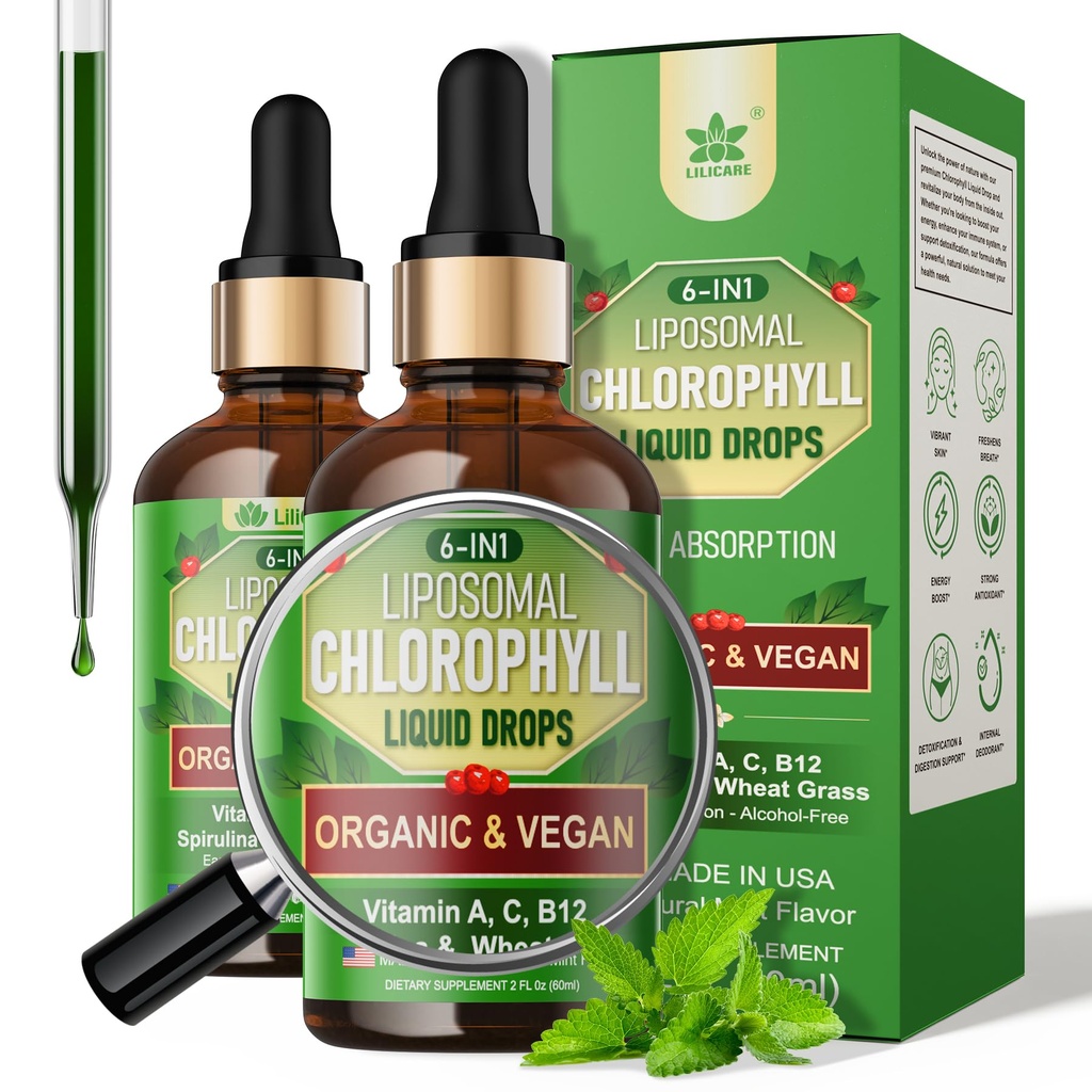 Organische Chlorophyll-Flüssigtropfen Liposomal für Damen und Herren, 6-in-1 Grüns Superfood Vegan Chlorophyll w/Spirulina, Weizengras, Vitamin C B12 A für inneres Deodorant*, Energie, Verdauung, 2Packs/4 Fl Oz