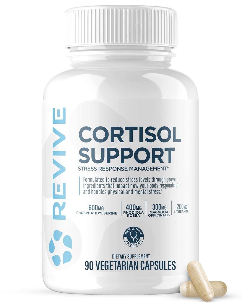 Revive MD Cortisol Manager, 90 Capsules végétariennes - Supplément de cortisol avec Magnésium et L-Theanine Support Santé, Focus, Énergie, Fatigue, et Fonction Gland Adrénale - Vegan & Sans gluten