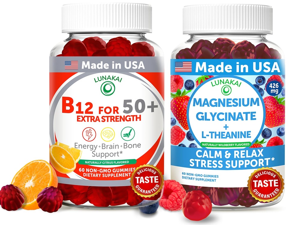 Lunakai USA Made Vitamin B12 für Erwachsene 50+ & Magnesium Glycinate Gummis Bundle, unterstützt Energie, Stimmung, Entspannung & Stress Relief, Non-GMO, Vegan, 60ct