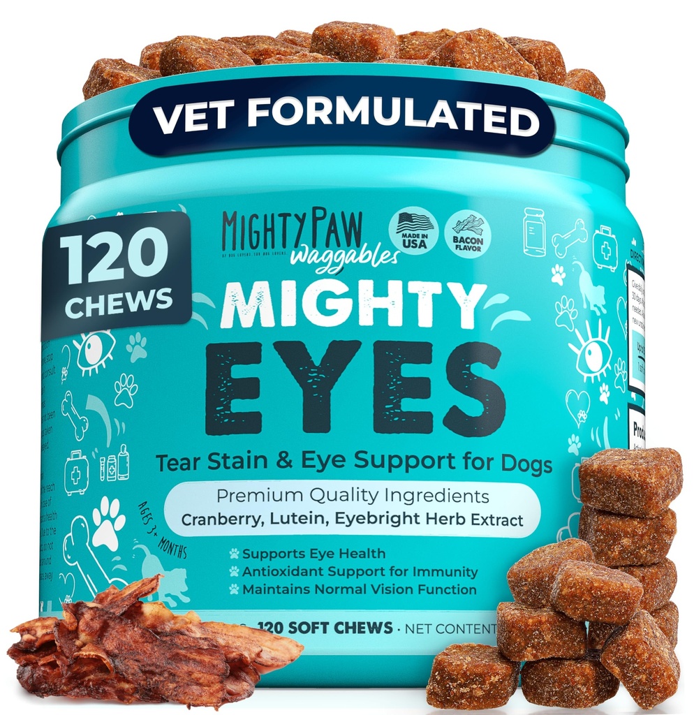 Mighty Paw Waggables Eyes (Made in USA) | Tear Stain Chews for Dogs. Vision and Tear Stain Support Supplements for Dogs. Lutein Supplement. Lubricates Eyes, Immune Support (120 Ct)