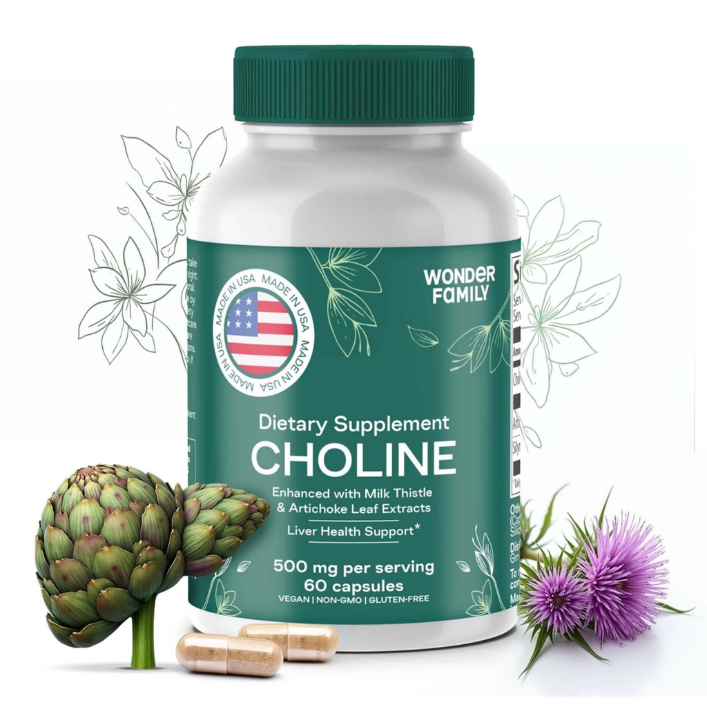 Choline Bitartrate 500MG - Suppléments Choline Premium - Suppléments de soutien du foie & Suppléments Gallbladder - Colina Suplemento 500 mg Orgánica - Vitamine cérébrale pour la mémoire et le focus - 60 bouchons Choline