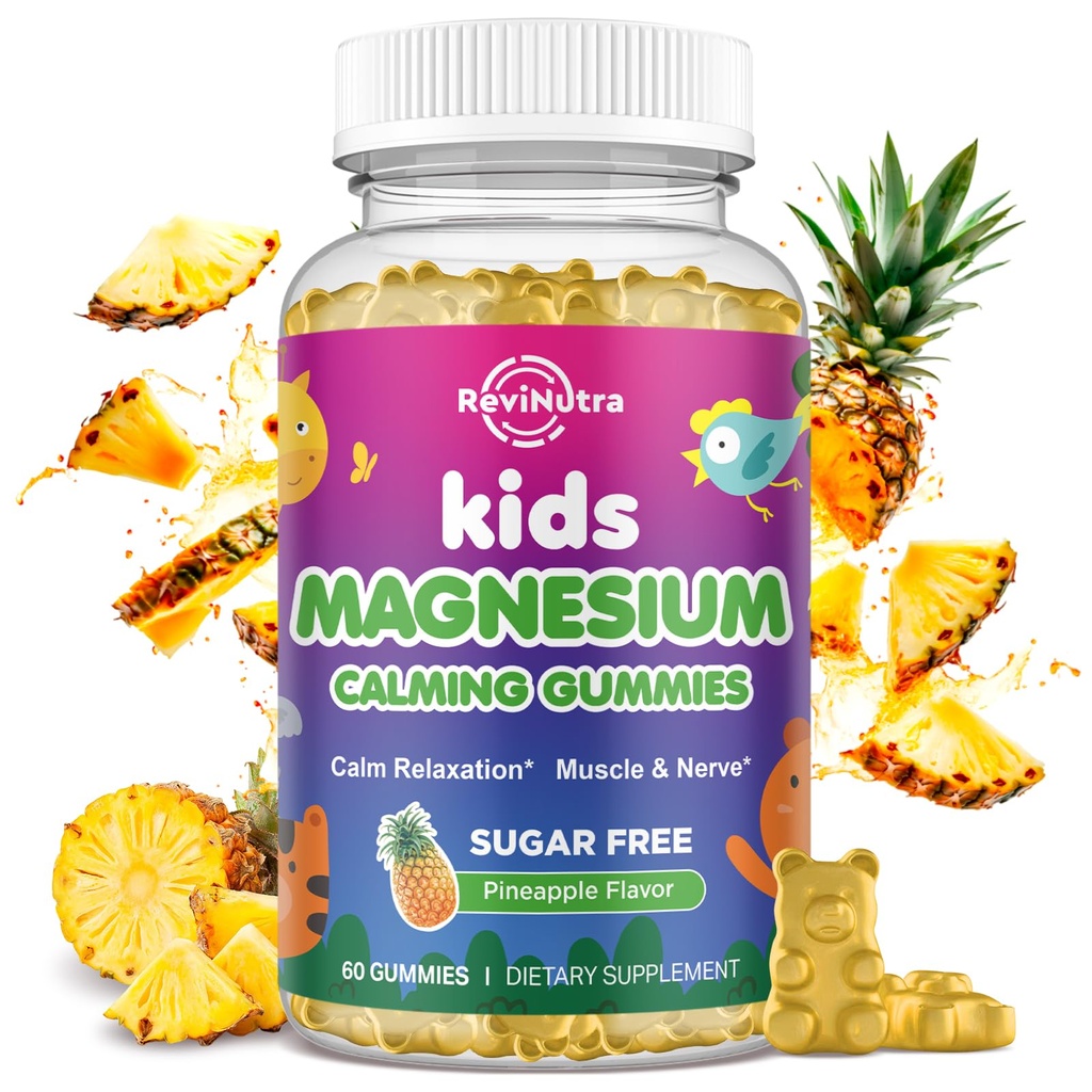 Kinder Magnesium-Gummien, Magnesium-Glycinat-Gummien für Kinder & Erwachsene mit L-Theanin, Kamille, Licorice, Vitamin D, B6 für Schlaf, Entspannung, Gehirn & Muskel, Zuckerfreie Ananas 60ct