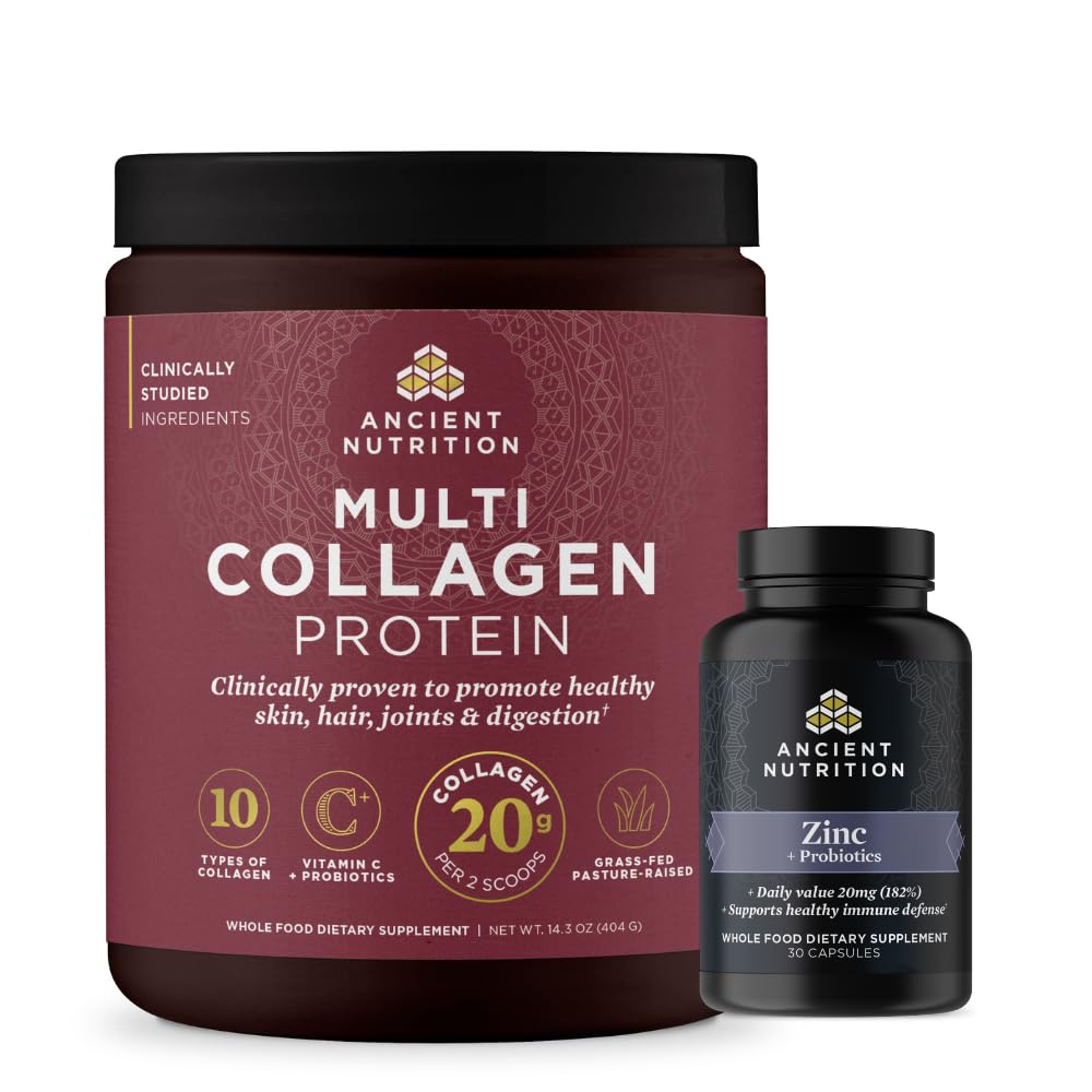 Antike Ernährung Zink Kapseln, 30 Count + Multi Collagen Protein Pulver, entflammt, 40 Servierungen