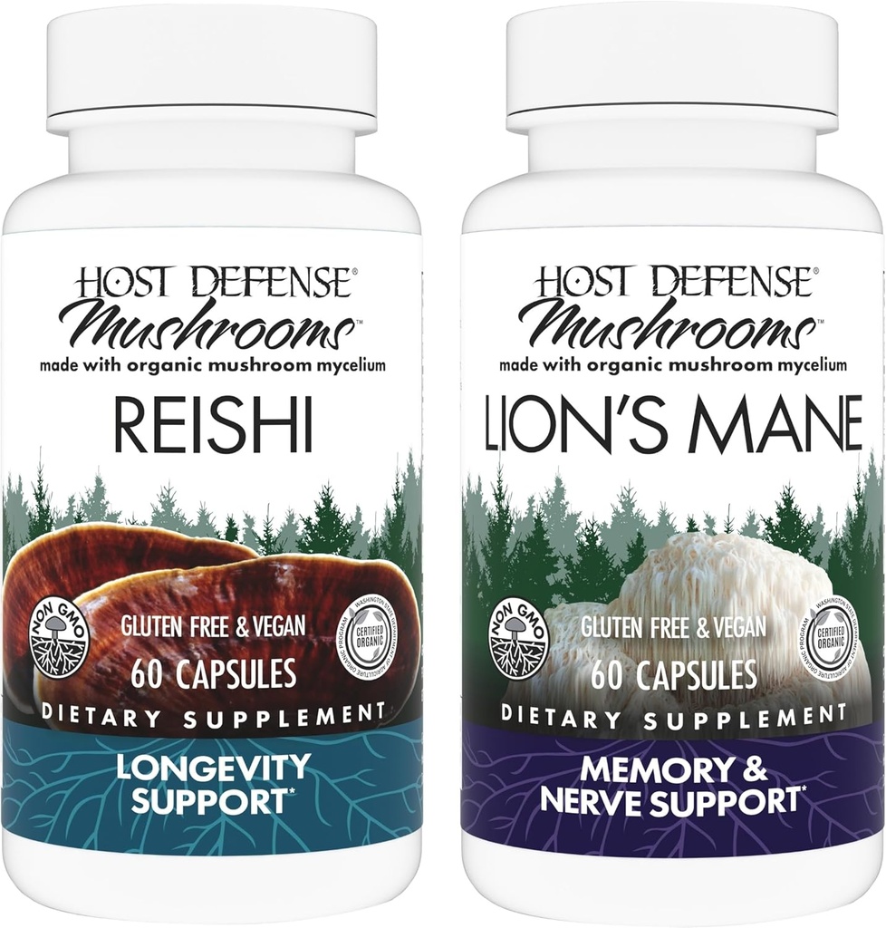 Host Defense Bundle with Reishi Capsules, 60 Count & Lion's Mane Capsules, 60 Count - Support Heart & Immune Health - Support Brain Health, Memory & Focus*