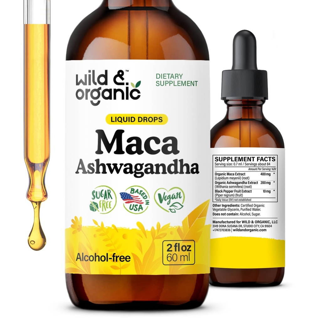 Wild & Organic Maca Ashwagandha Tropfen für Männer und Frauen - Peruvian Maca Root und Ashwagandha Tinktur für Gesamtunterstützung - Vegan, Zucker & Alkoholfreie Extraktergänzung - 2 fl oz