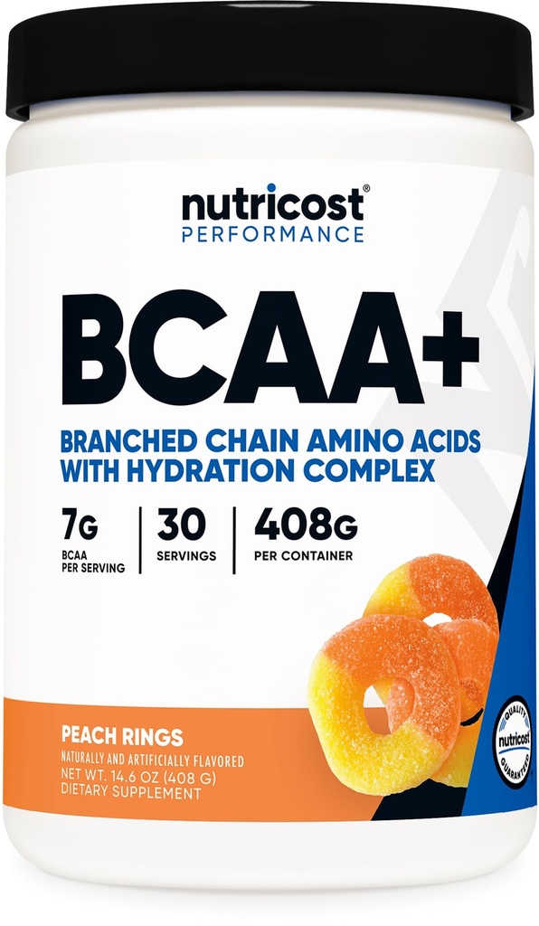 Nutricost BCAA + Hydration Powder (Peach Ringe) 30 Servierungen - verzweigte Kette Aminosäuren mit Hydration Complex - Glutenfrei, Non-GMO