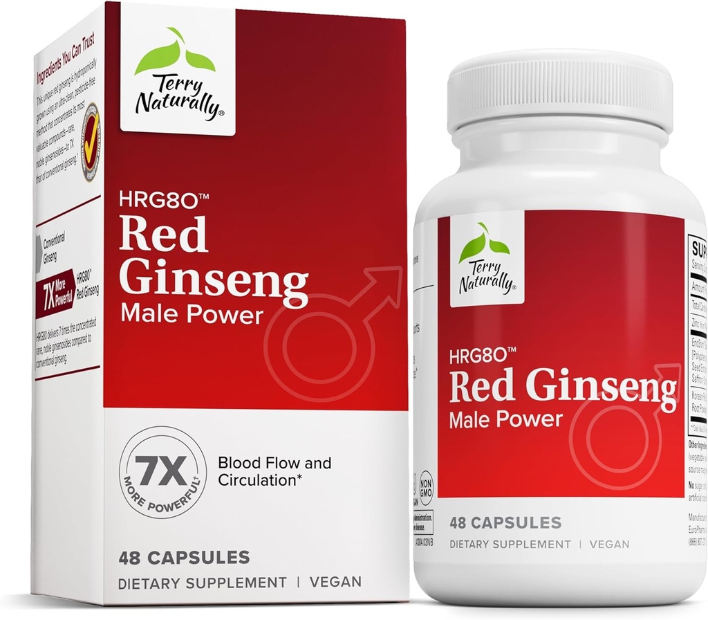 Terry Naturally HRG80 Red Ginseng Male Power - Blutzirkulation & Endurance Support Supplement - Nahrungsergänzung mit Ginseng & Zink - Kräuterergänzung für Energieunterstützung - 48 Kapseln