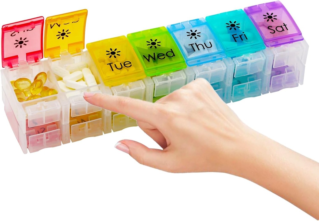 Grand organisateur de pilules 7 jours avec Spring-Open Design- Weekly Pill Organizer 2 fois par jour avec AM PM Grand compartiments Pill Box pour les suppléments Pill Container Holder for Vitamines Medicine Organizer