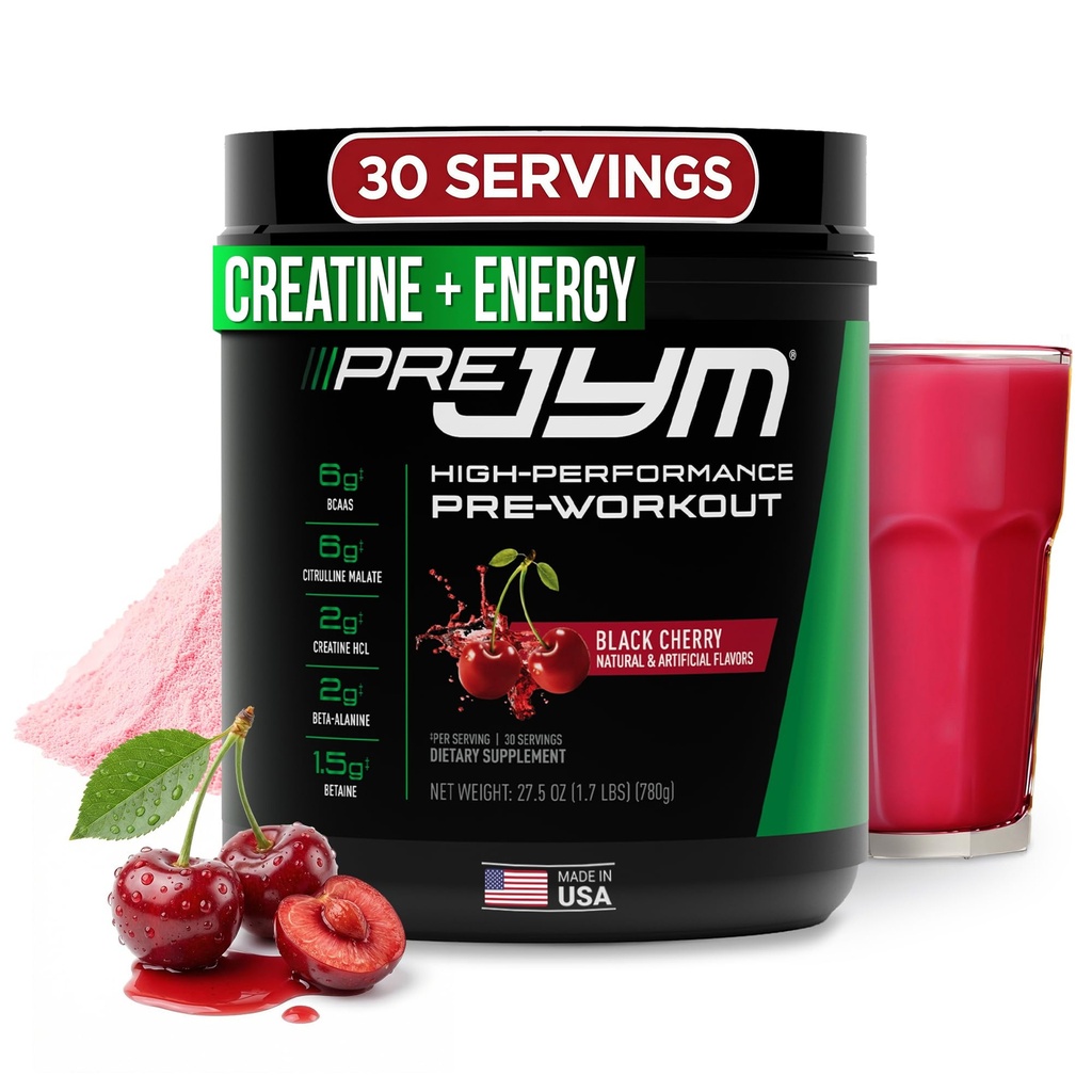 JYM Supplement Science Pre JYM Black Cherry Pre polvere di allenamento per gli uomini e le donne, BCAA, Nootropics, Creatine HCI, Citrulline, Beta-Alanine, Betaine, Taurina, Huperzine, 30 Servings