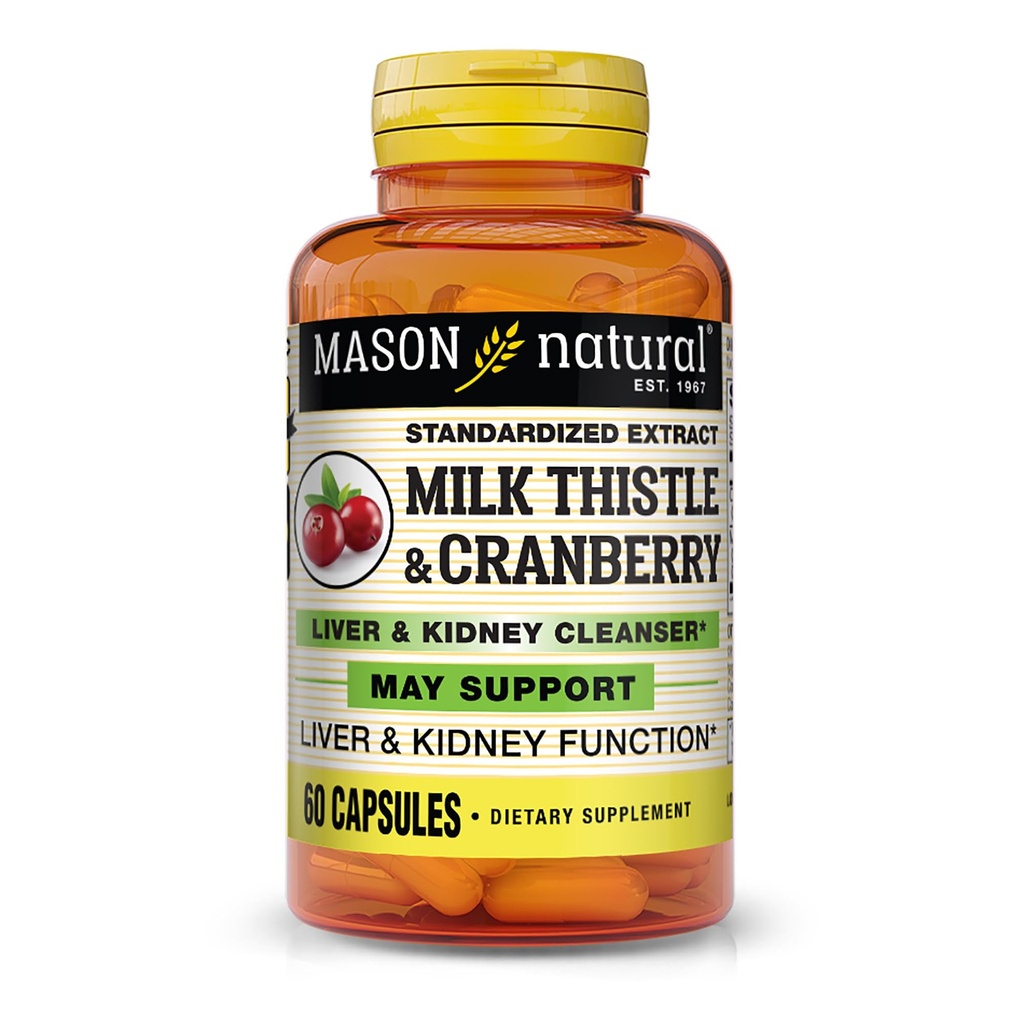 MASON NATURAL Milk Thistle/Cranberry Liver & Kidney Cleanser - Supports Healthy Liver & Kidney Function, Cleanse and Detox, 60 Capsules