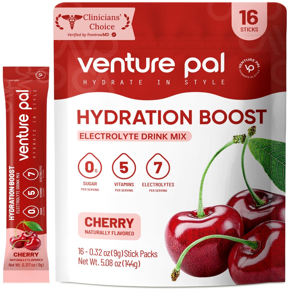 Venture Pal Sugar Free Electrolyte Powder Packets - Liquid Daily IV Drink Mix for Rapid Hydration & Party Recovery | 5 Vitamine & 7 Elektrolyte| Keto Friendly | Non-GMO | Certified Vegan | 16 Sticks