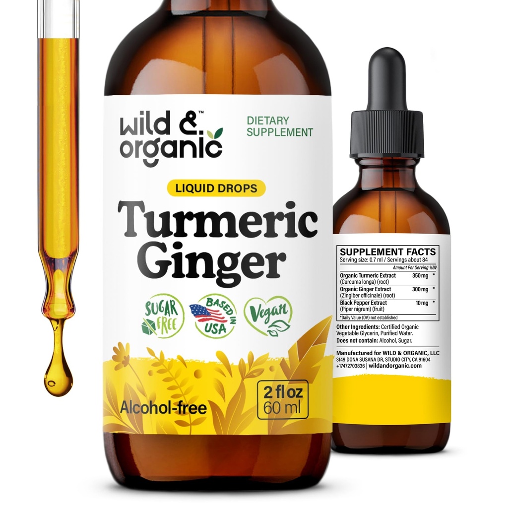 Les gouttes de supplément de curcuma et de gingembre sauvage et biologique - Soutien joint et immunitaire - Turcuma liquide avec gingembre et extrait de poivre noir - Supplément curcumin - Teinture végétalienne, sans sucre et sans alcool - 2 oz
