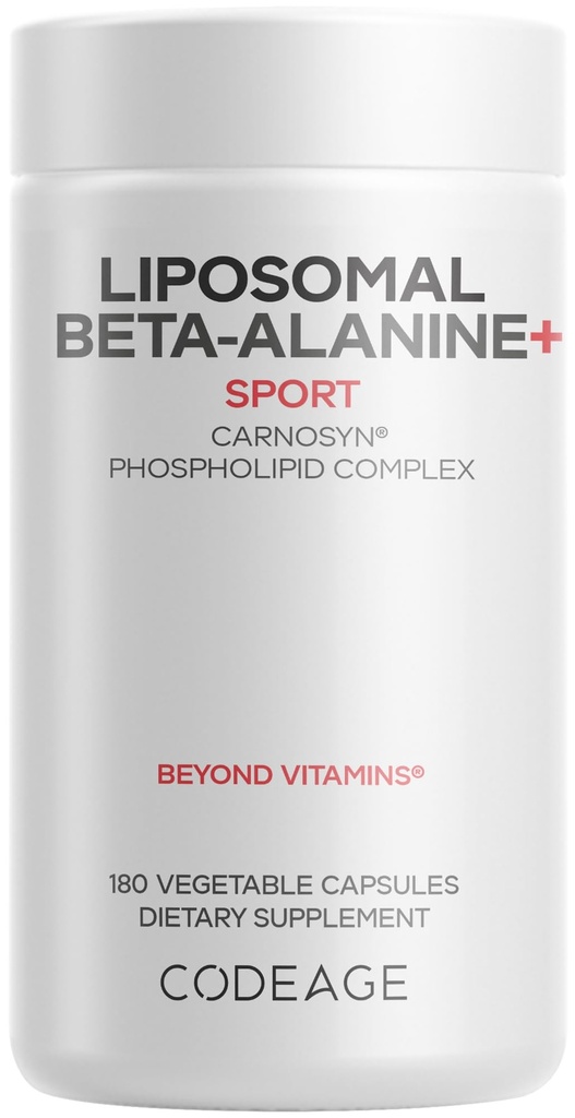 Codeage Supplément Beta-Alanine Liposomale - CarnoSyn Beta-Alanine - 2 mois d'approvisionnement - Livraison Liposomale - Préentraînement, post entraînement et supplémentation sportive - Non-OGM - 180 capsules