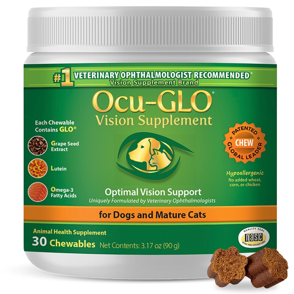 Supplément Ocu-GLO Cat & Dog Senior pour le soutien des yeux - Suppléments vitaminiques pour petits et grands animaux de compagnie avec lutéine, acides gras oméga-3, extrait de graines de raisin et antioxydants