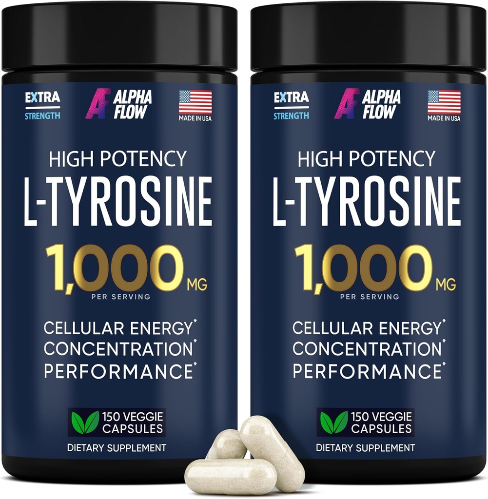 [2 Pack] L-Tyrosine 1000MG Kapseln - Natürliche L Tyrosin Ergänzung für Kinder & Erwachsene - Energie-Boost und Gehirn Ergänzung - 2x die Potenz von L-Tyrosine 500mg Kapseln - 300 Vegan LTyrosine Kapseln