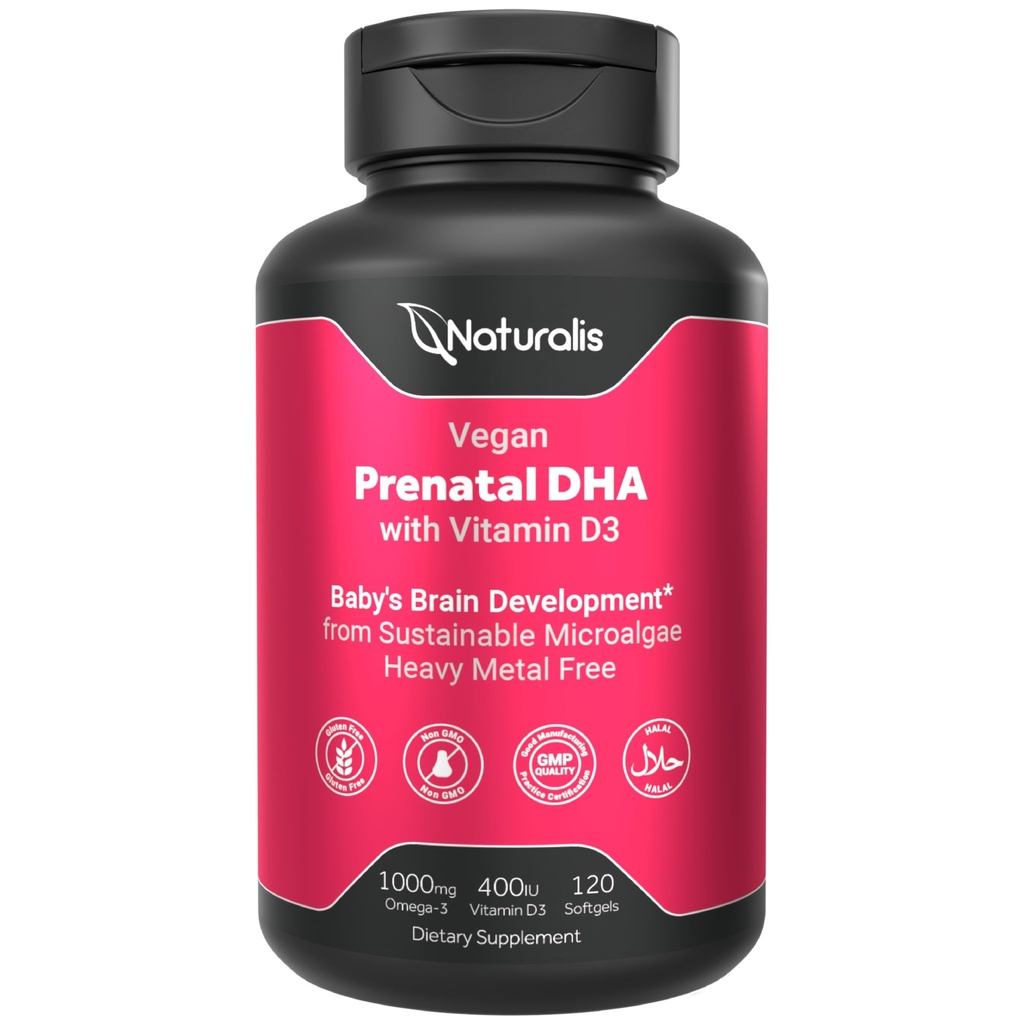 Naturalis Vegan Prenatal with Full Specrum Omega-3 | Algae DHA, EPA, DPA, Vitamin D3 & Active Folic L 5-MTHF | Vegan Society Certified, Sostenibilmente Sourced, Non-GMO & Soy Free | 120 Veggie Softgels