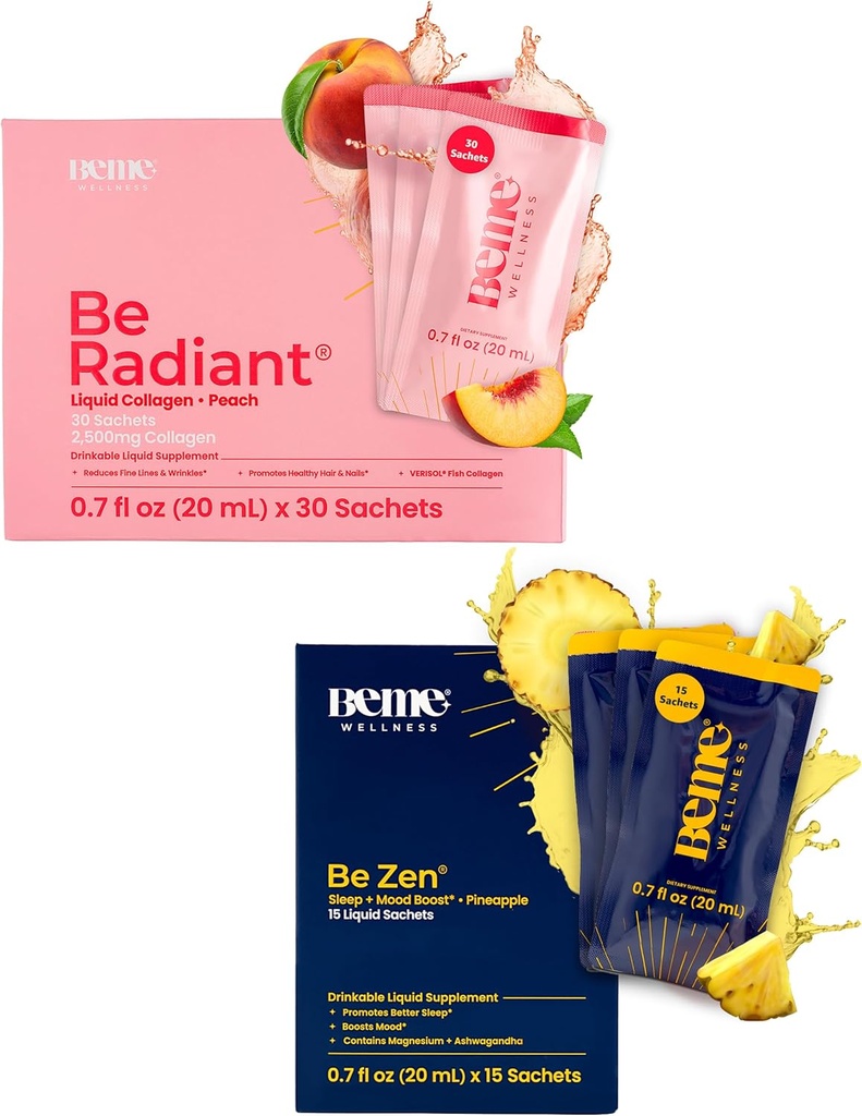 BeMe BeRadiant Peach & BeZen Bundle - Compléments pour collagène liquide et glycinate de magnésium L-Theanine