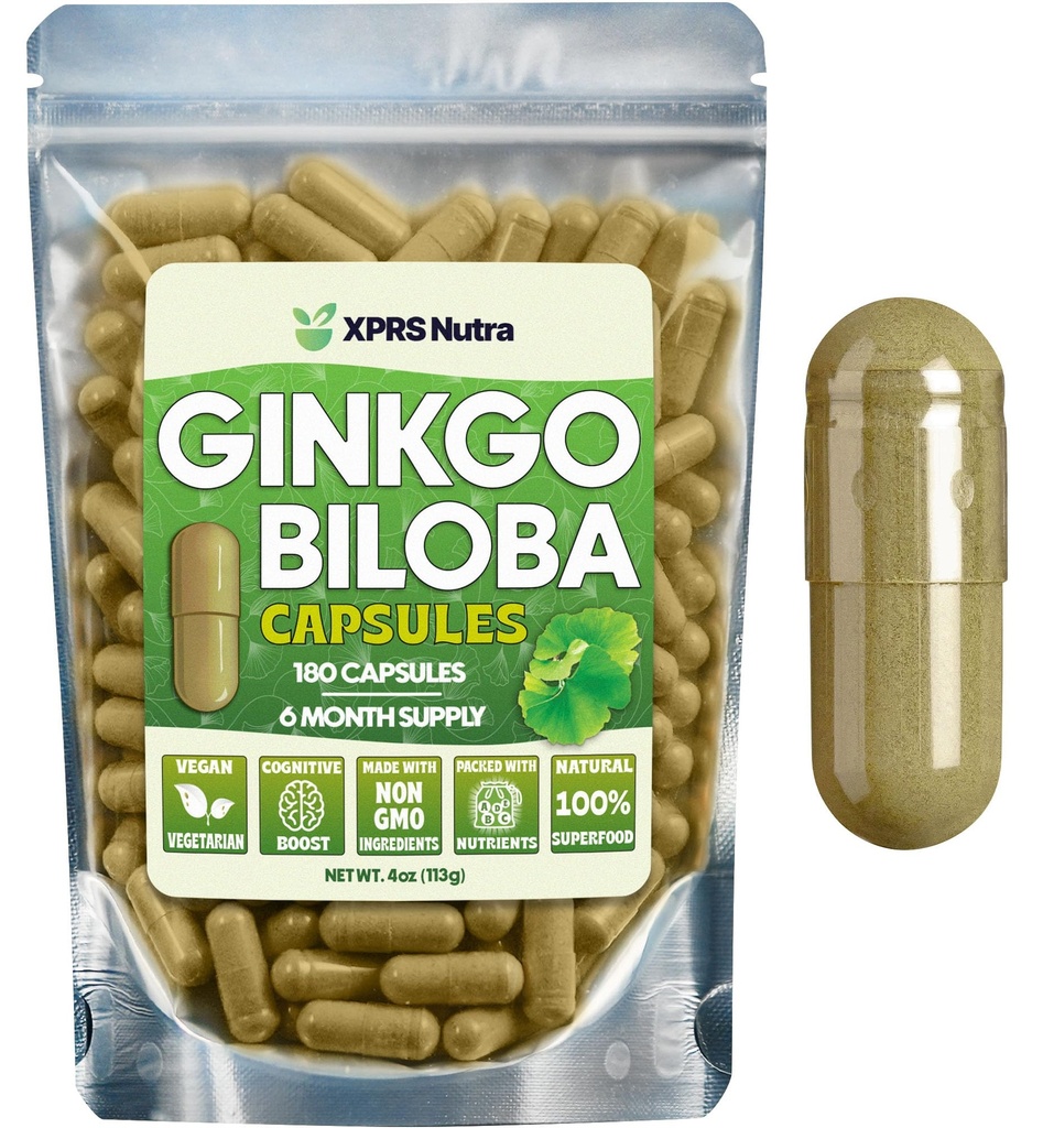 XPRS Nutra Ginkgo Biloba Kapseln - Gingko Biloba Gekapselte Ergänzungen für Kognition - Vegan Friendly Ginkoba Biloba - Immunität Boosting Ginkgo Biloba Kapseln - 180 Zähler