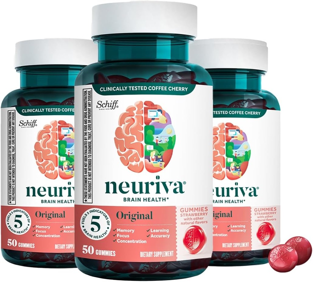 Neuriva Original Brain Health Support Strawberry Gummies (50 Count), Brain Support con Phosphatidylserine & Decaffeinated, Ciliegia di caffè clinicamente provata (Pack of 3)
