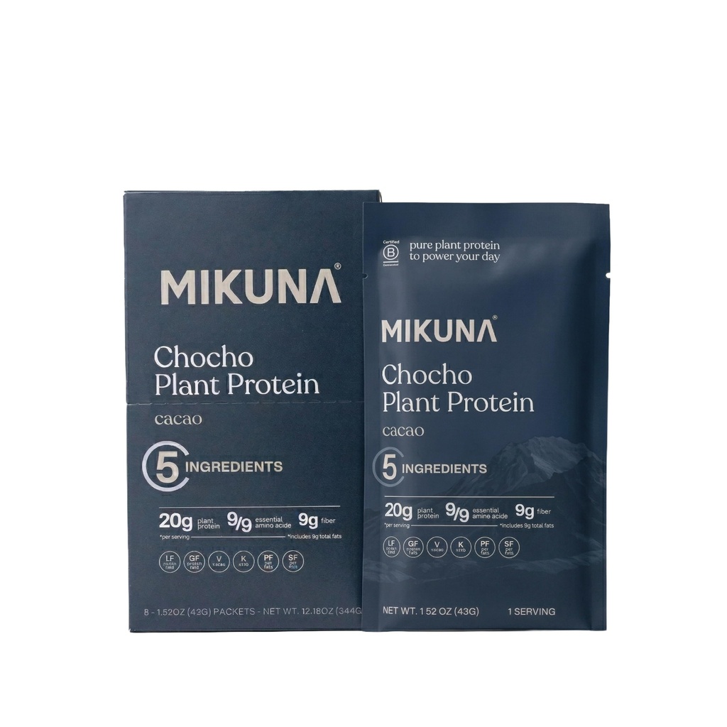 Mikuna Chocho Superfood Protein, Polvere proteica basata sulle piante, Pacchetti da viaggio - Vegan, Gluten Free, Carbi nette 3g o meno, e Biodisponibile, Non Isolato (8 Serve, Cacao)