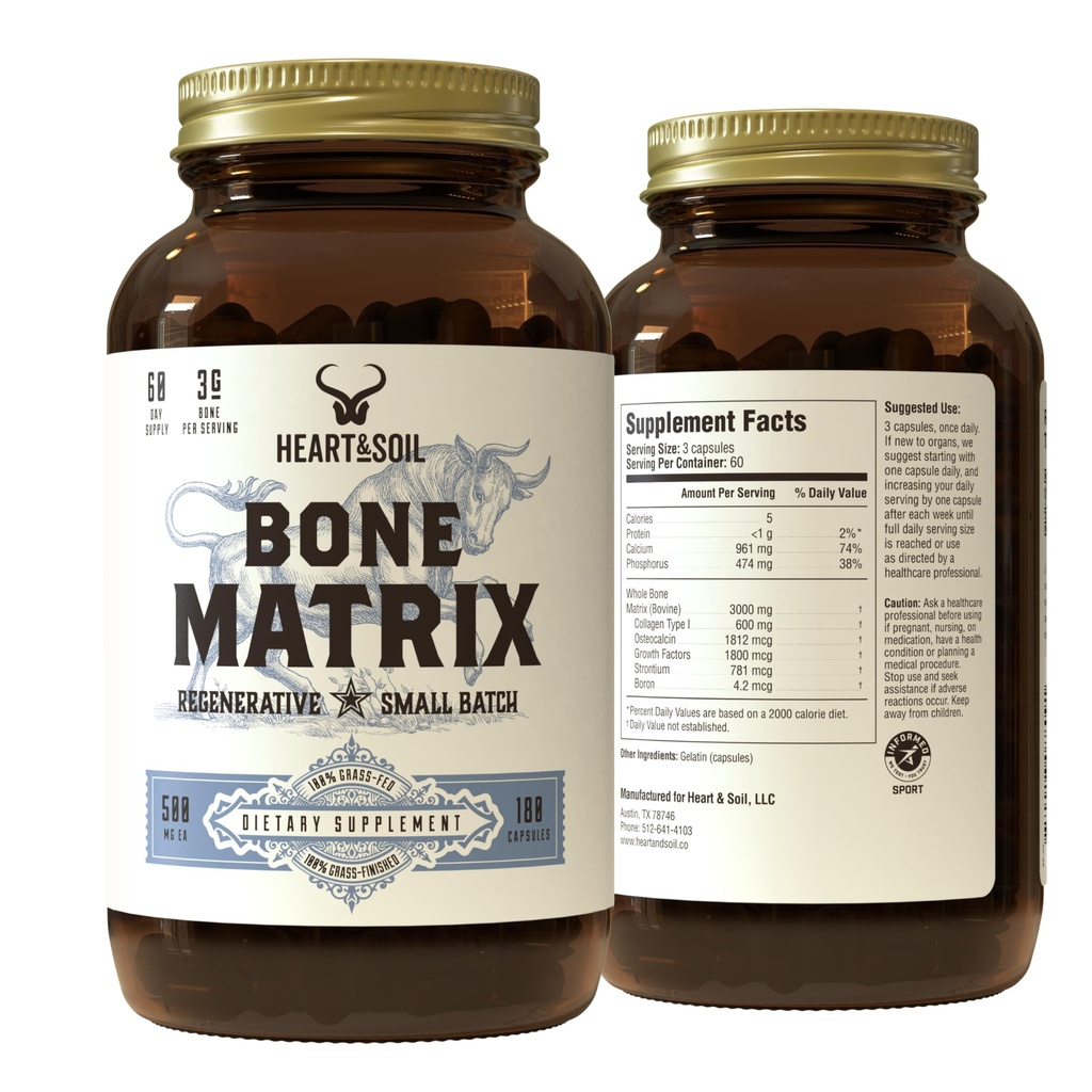 Heart & Soil Grass Fed Bone Matrix — unterstützt Knochen und Gelenke Gesundheit, Stärke und Flexibilität (180 Kapseln)