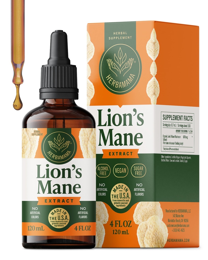 HERBAMAMA Lions Mane Tincture - Vegan Focus & Nerve Unterstützung mit Lion's Mane Mushroom Extract - Hericium Erinaceus Brain Support Supplement - Non-GMO, Alkohol & Sugar-Free - 84-Day Supply