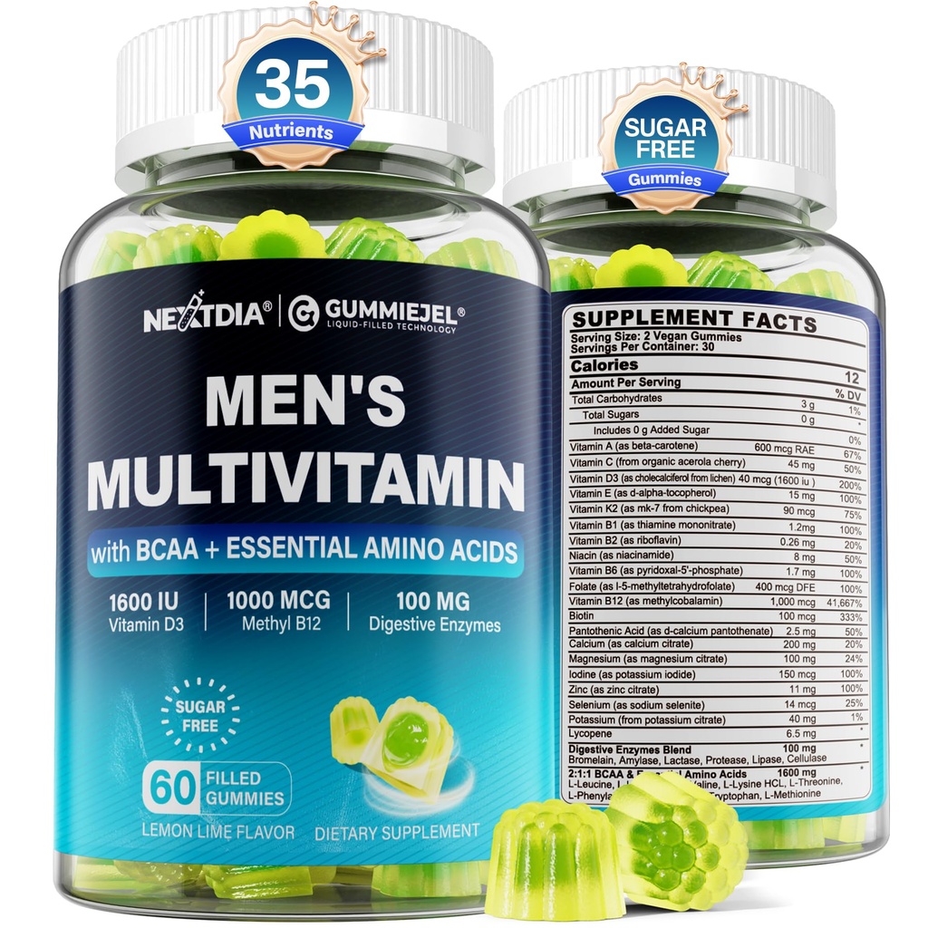 Multivitamina metilata per gli uomini Gummies, aminoacidi BCAA, zinco, vitamina giornaliera A C D3 E K2 B Complex, calcio, magnesio, licopene, enzimi digestivi - energia, immunitario, muscolo-zucchero libero, vegano, 60Cts