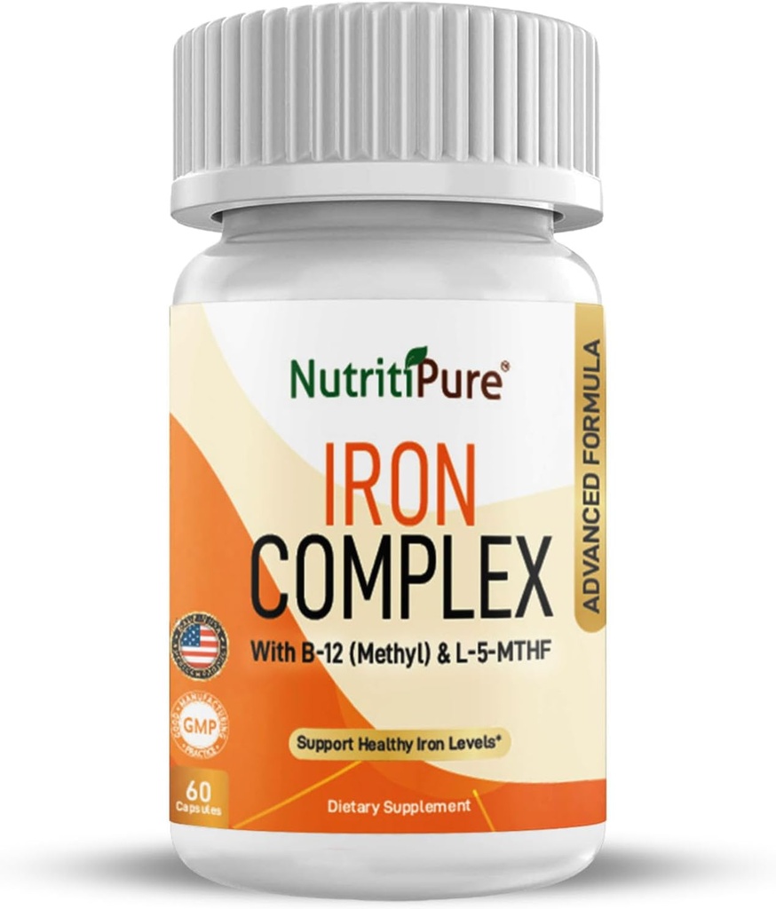 Complexe de fer, Capsules végétariennes de fer de construction de sang complètes avec fer carbonyle non constipant, quatrefolic, B12, B6 et vitamine C, pour les femmes et les hommes (60 capsules)