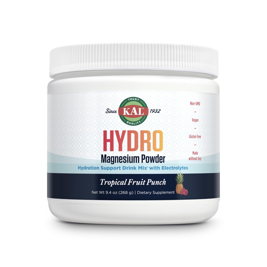 KAL Hydro Magnesium Plus Electrolytes Powder - Tropical Fruit Punch - Sodium, Chloride, Potassium Supplement - Hydration & Cellular Energy Drink Mix - No Sugar - 60-Day Guarantee, 50 Servings, 9.4 OZ