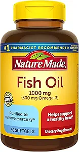 Huile de poisson 1000 mg, 90 Softgels, Omega 3 Supplément pour la santé cardiaque,