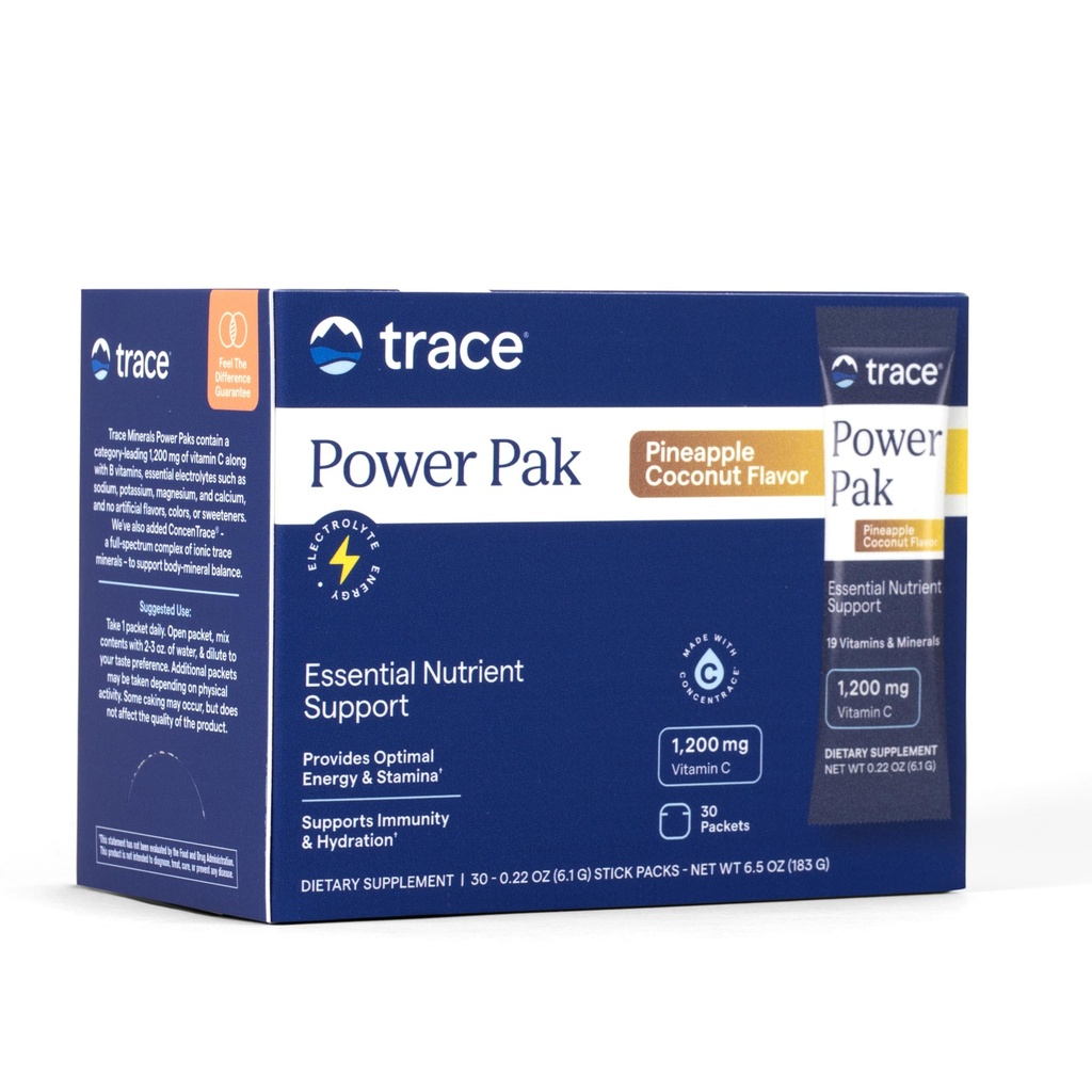 Trace Minerals Power Pak Multivitamin und Multimineral Packets - Elektrolytunterstützung - 1200 mg Vitamin C Plus 70+ Trace Mineralstoffe - Ananas Kokosnuss Flavor - 30 Packungen